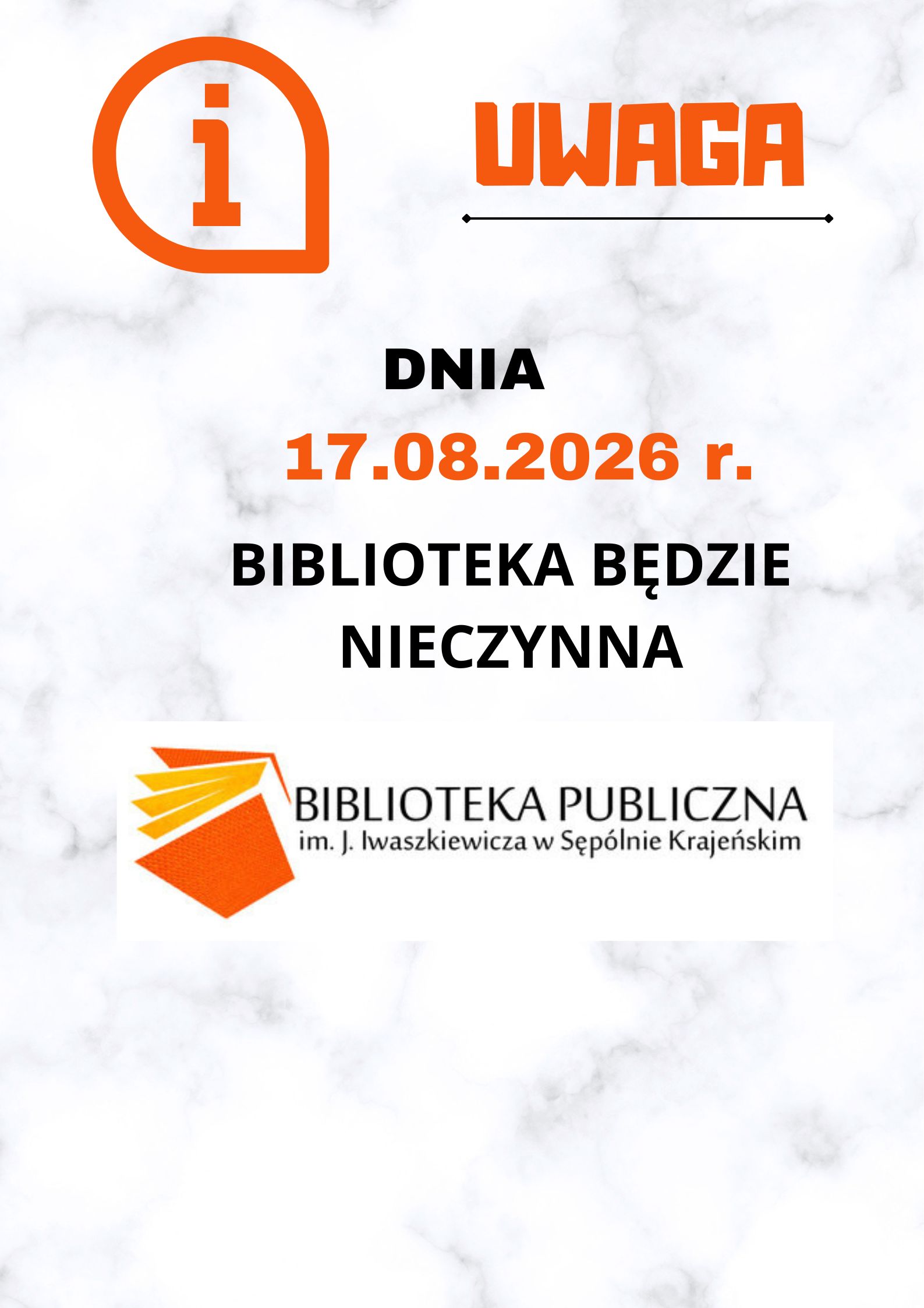 17.08.2026 biblioteka będzie nieczynna